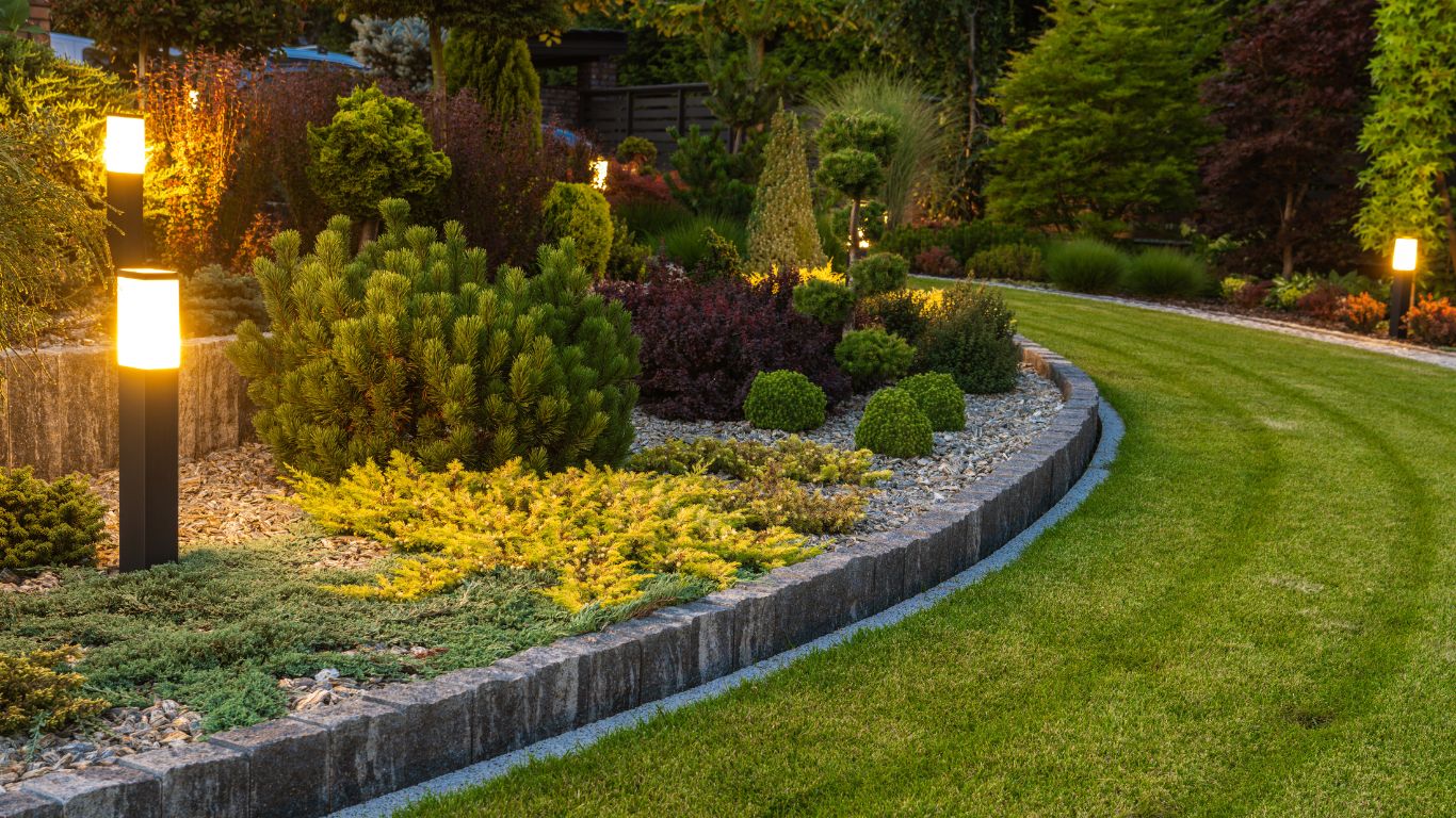 Commercial landscape lighting illuminating a landscaped walkway at night.